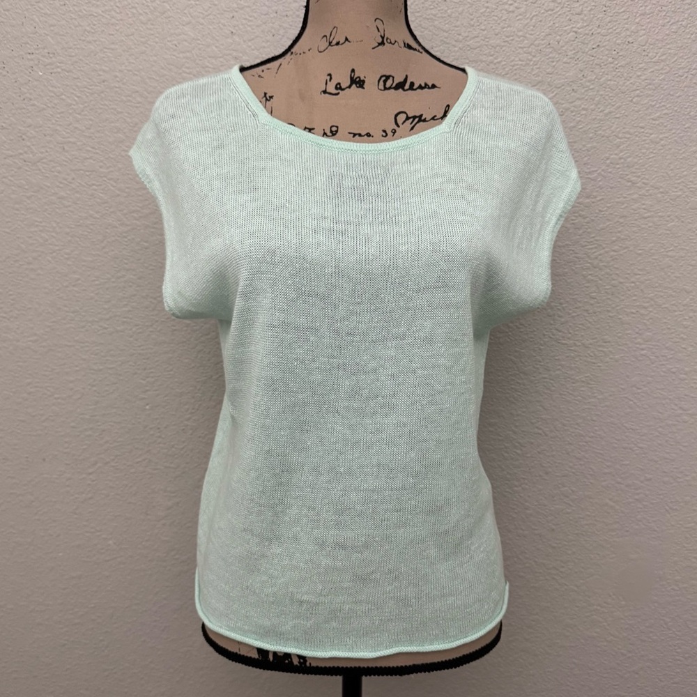 Eileen Fisher Aurora Green Organic Linen Knit Crop Sweater Top Size Petite Small - Picture 2 of 11